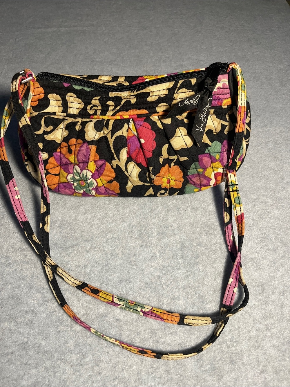 Vera Bradley Black Floral Quilted Mini Crossbody with Multicolor Flowers